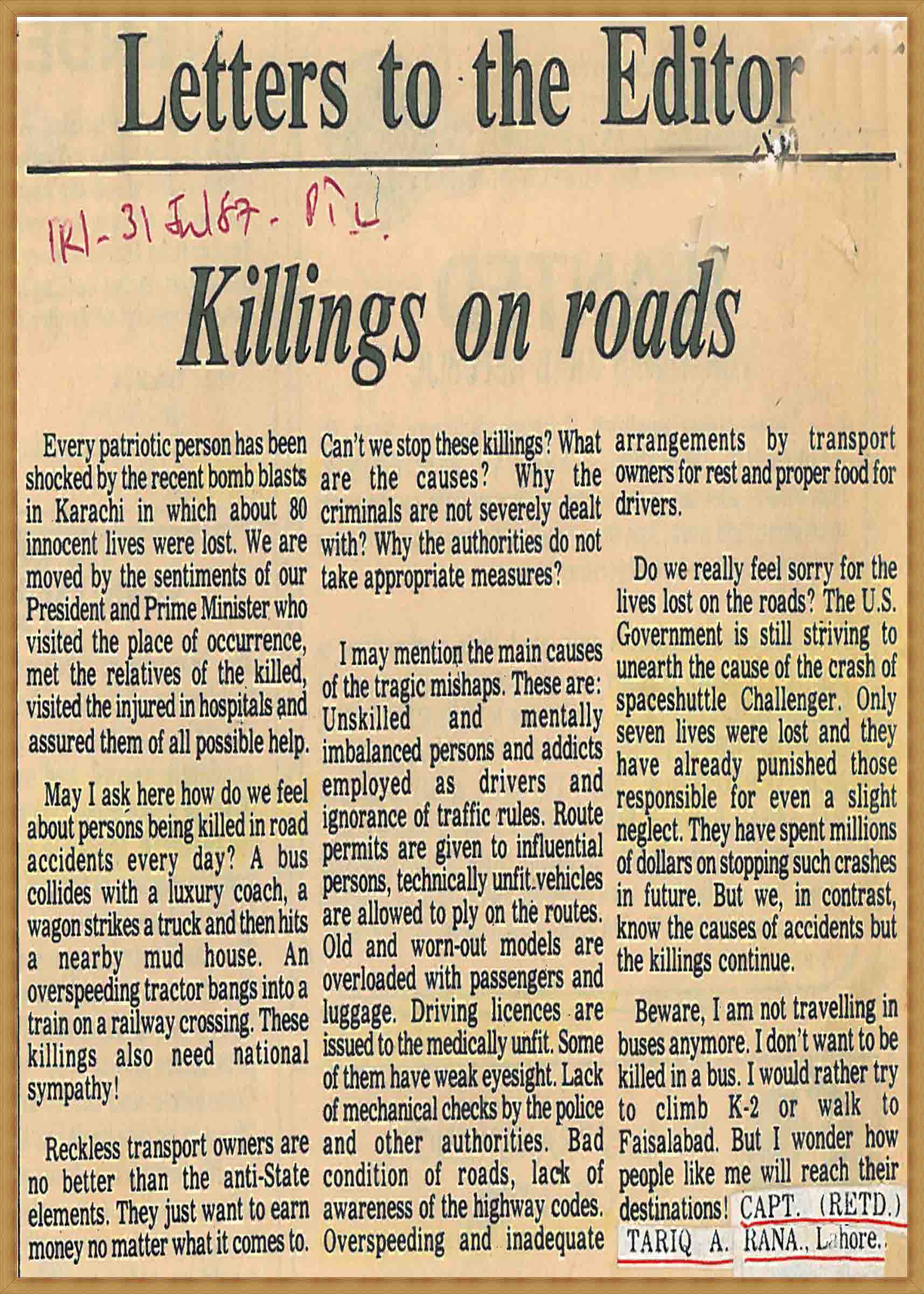 Letter to the Editor-Killings on roads (31-07-1987)